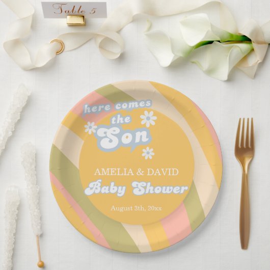 Radiate Pastel Retro Hier kommt die Son Baby Showe Pappteller (Hochzeit)