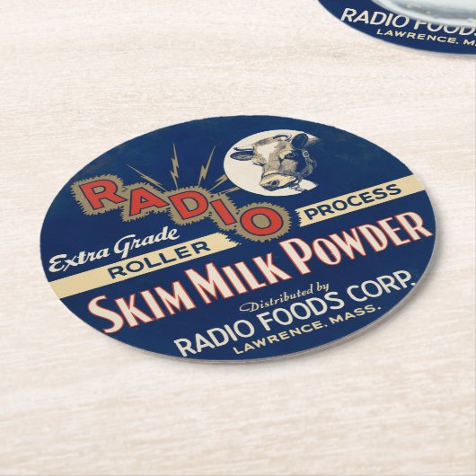 Radio Extra Grade Roller Process Skim Milk Pulver. Runder Pappuntersetzer (Angewinkelt)