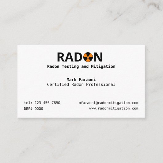 Radon Testing and Mitigation Company Visitenkarte (Vorderseite)