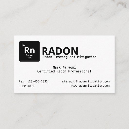Radon Testing and Mitigation Company Visitenkarte (Vorderseite)