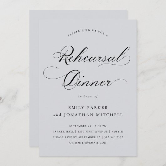 raffiniert | Calligraphie Soft Grau Probe Abendess Einladung (Vorne/Hinten)