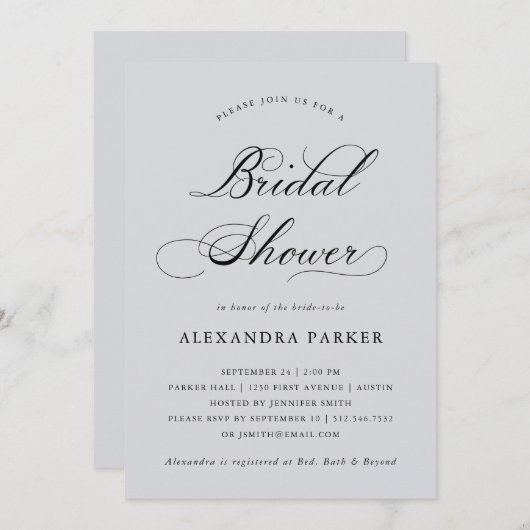 raffiniert | Kalligraphie auf weichem grauem Braut Einladung (Vorne/Hinten)