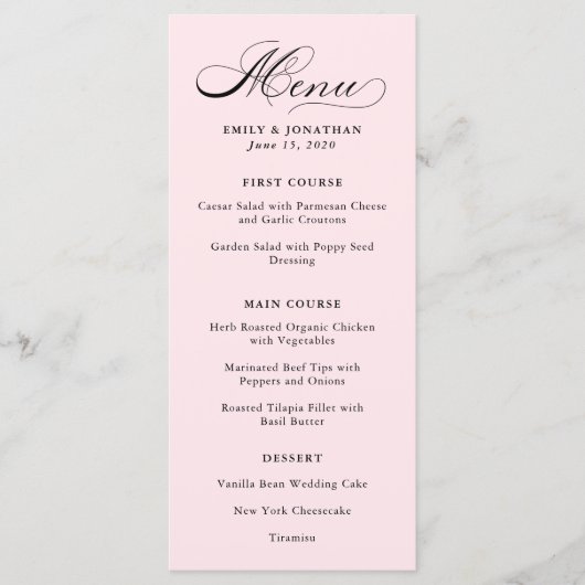 raffiniert | Kalligraphie im Menü "Blush Pink" Menükarte (Vorderseite)