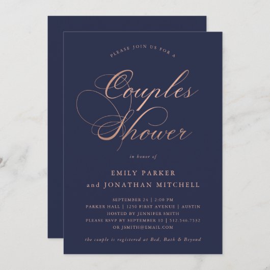 Raffinierte Imitat Rose Goldkalligrafie Paare Dusc Einladung (Vorne/Hinten)