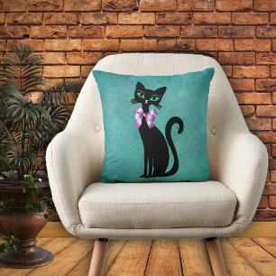 Raffinierte schwarze Katze grüne Augen rosa Schlei Kissen