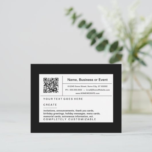 Raffinierter QR-Code: Schwarz-Weiß Einladungspostkarte (Stehend Vorderseite)