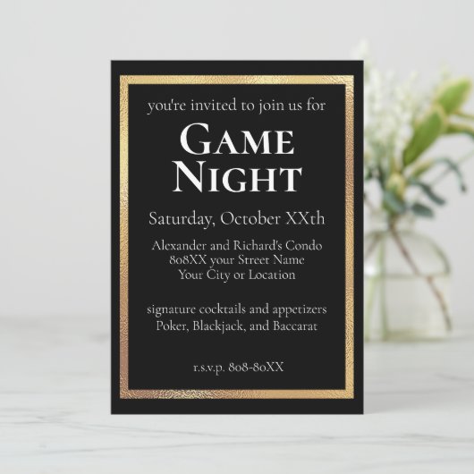 Raffiniertes Black Game Night Party Einladung (Stehend Vorderseite)