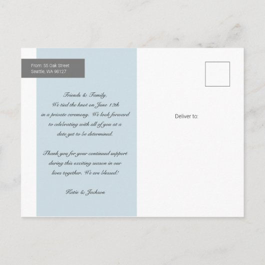 Raffiniertes Elopement Foto Ankündigungspostkarte (Rückseite)