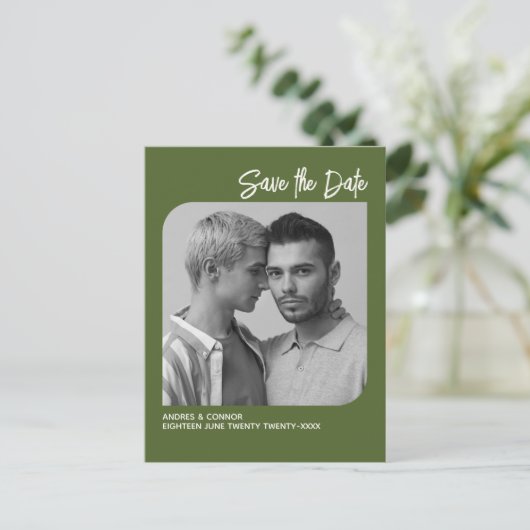 Raffiniertes Foto Save the Date Grüne Postkarte (Stehend Vorderseite)