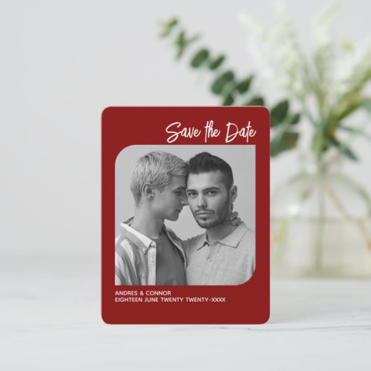 Raffiniertes Foto Save the Date Ruby Red Card (Stehend Vorderseite)
