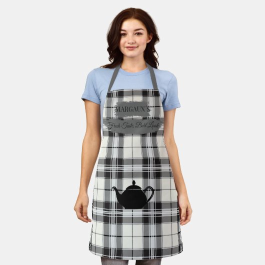 Raffiniertes Schwarz-weiß Kariert mit Teapot Motif Schürze (Getragen)
