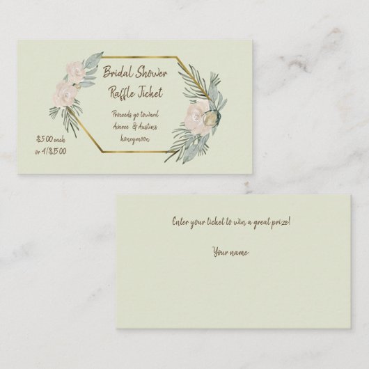 Raffles Brautparty-Tickets für das Green Watercolo Begleitkarte (Vorne/Hinten)