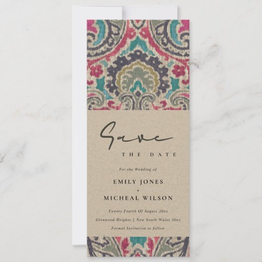 RAFT BOHO TRIBAL IKAT PINK AQUAMARIN SAVE THE DATE EINLADUNG (Vorderseite)