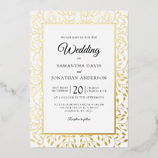 Rafy Vine Gold Foil Border Wedding Folieneinladung (Vorderseite)