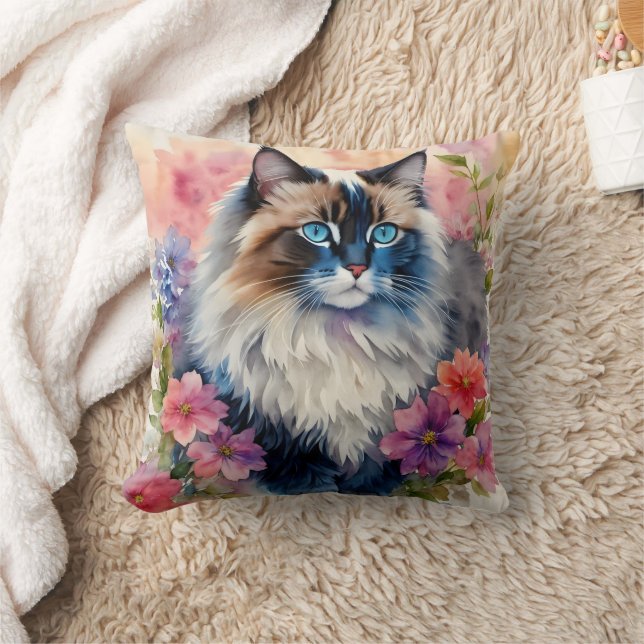 Ragdoll Cat Floral Portrait Art Kissen (Decke)