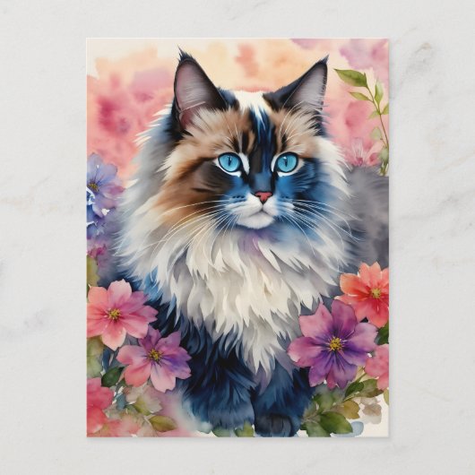 Ragdoll Cat Floral Portrait Art Postkarte (Vorderseite)