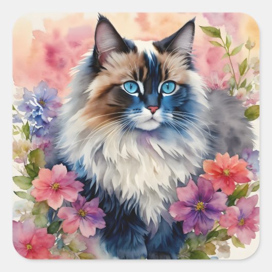 Ragdoll Cat Floral Portrait Art Quadratischer Aufkleber (Vorderseite)