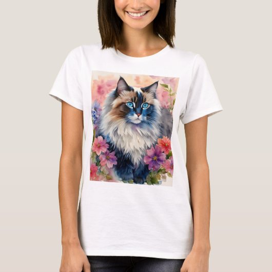 Ragdoll Cat Floral Portrait Art T-Shirt (Vorderseite)
