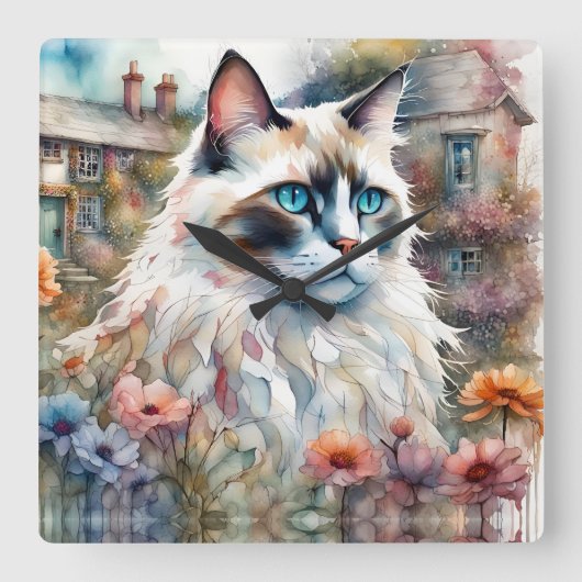Ragdoll Cat in English Garden Quadratische Wanduhr (Vorderseite)