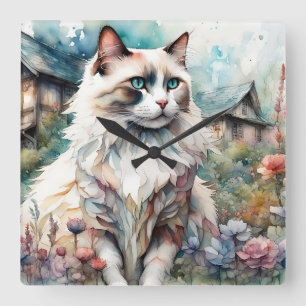 Ragdoll Cat in English Garden Quadratische Wanduhr