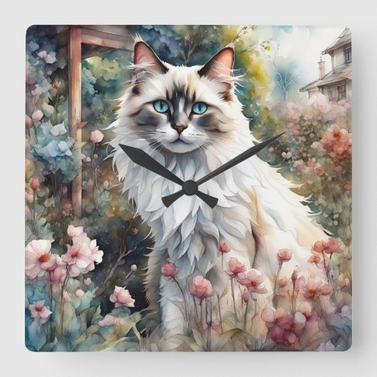 Ragdoll Cat in English Garden Quadratische Wanduhr (Vorderseite)