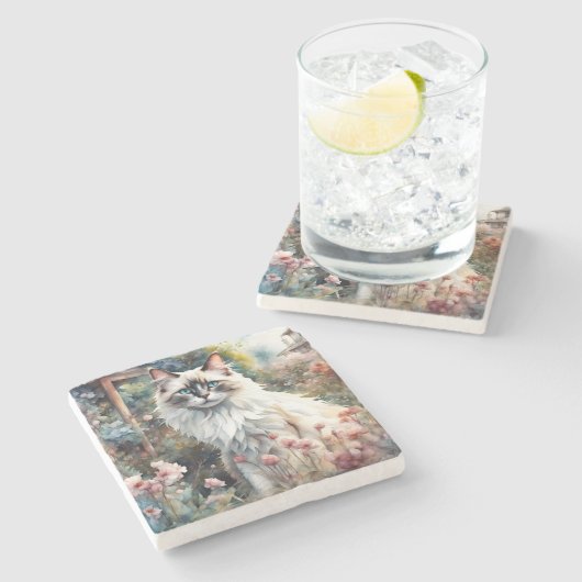 Ragdoll Cat in English Garden Steinuntersetzer (Seitenansicht)