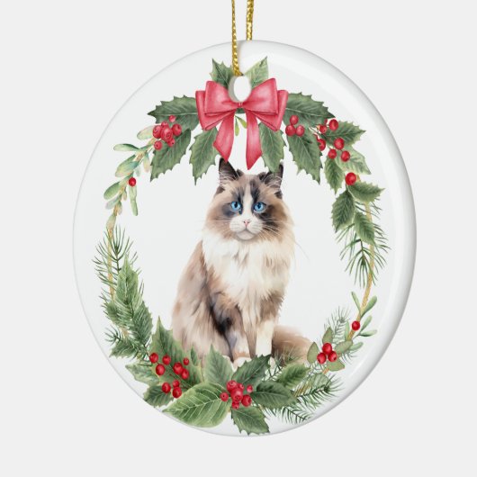 Ragdoll Cat Red Bow Holly Wreath Keramik Keramik Ornament (Links)