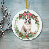 Ragdoll Cat Red Bow Holly Wreath Keramik Keramik Ornament