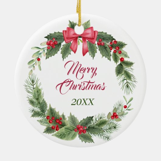 Ragdoll Cat Red Bow Holly Wreath Keramik Ornament (Hinten)