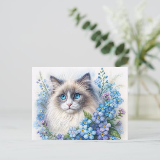 Ragdoll Cat With Forget-Me-Nots Postkarte (Stehend Vorderseite)