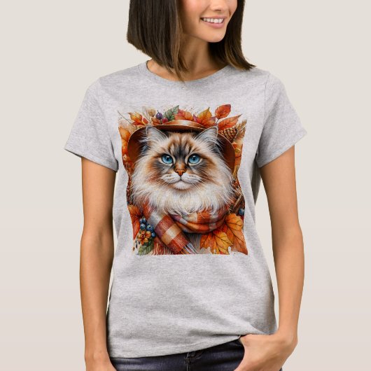 Ragdoll Katze im Herbst mit Herbstlauben T-Shirt (Vorderseite)