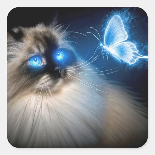 Ragdoll Katze mit blauem Neoplattfliege Quadratischer Aufkleber (Vorderseite)