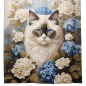 Ragdoll Katze mit Blue Hydrangea-Blume Duschvorhang (Vorderseite)