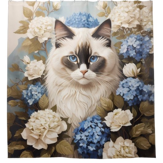 Ragdoll Katze mit Blue Hydrangea-Blume Duschvorhang (Vorderseite)