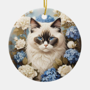Ragdoll Katze mit Blue Hydrangea-Blume Keramik Ornament