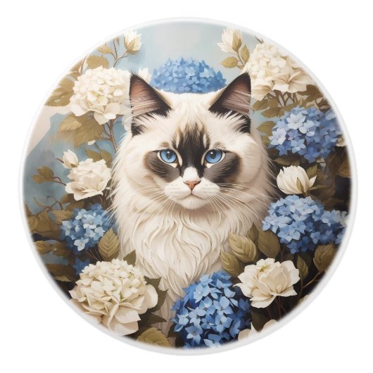 Ragdoll Katze mit Blue Hydrangea-Blume Keramikknauf (Vorderseite)
