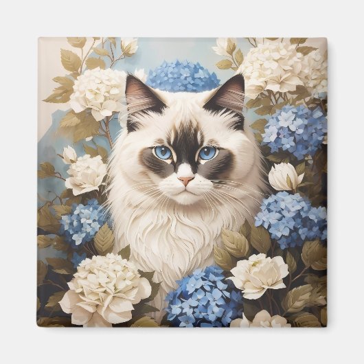 Ragdoll Katze mit Blue Hydrangea-Blume Magnet (Vorne)