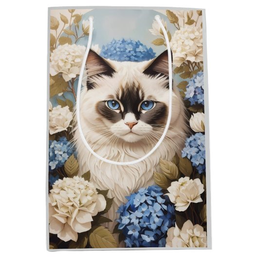Ragdoll Katze mit Blue Hydrangea-Blume Mittlere Geschenktüte (Vorderseite)