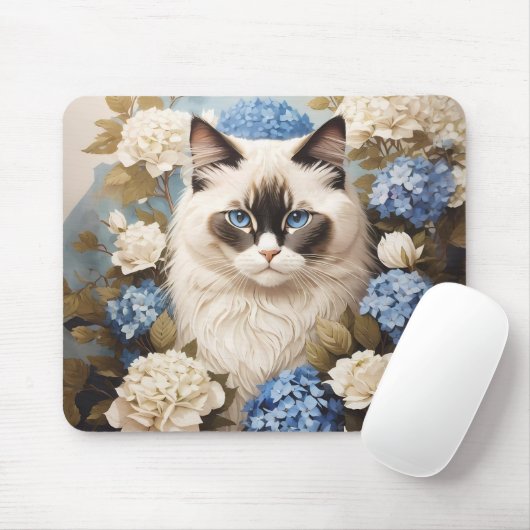 Ragdoll Katze mit Blue Hydrangea-Blume Mousepad (Mit Mouse)