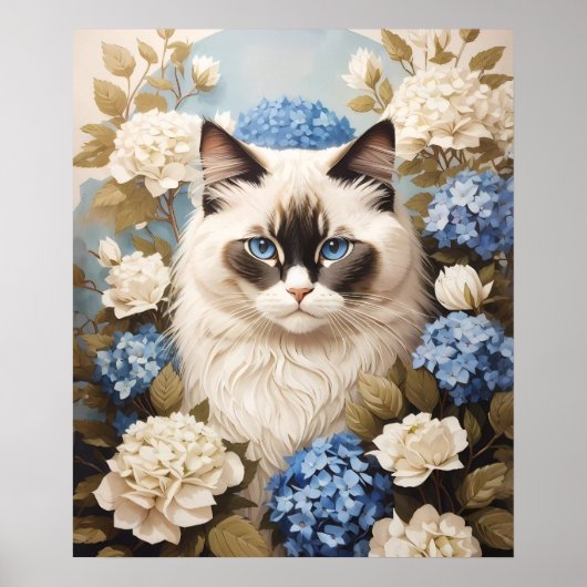 Ragdoll Katze mit Blue Hydrangea-Blume Poster (Vorne)