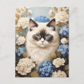 Ragdoll Katze mit Blue Hydrangea-Blume Postkarte (Vorderseite)
