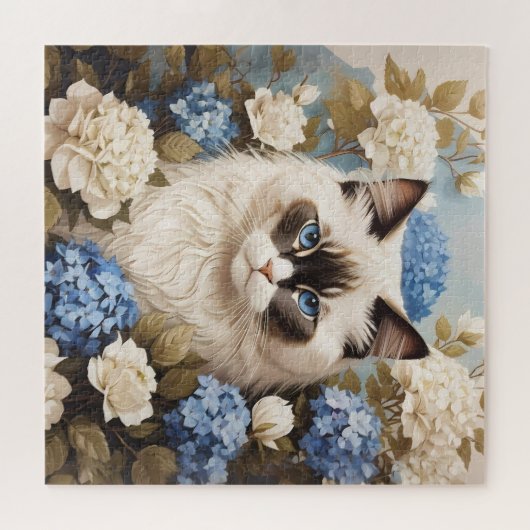 Ragdoll Katze mit Blue Hydrangea-Blume Puzzle (Horizontal)