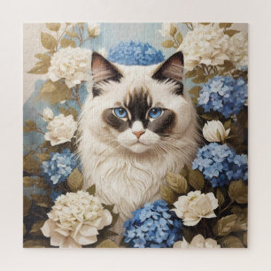 Ragdoll Katze mit Blue Hydrangea-Blume Puzzle