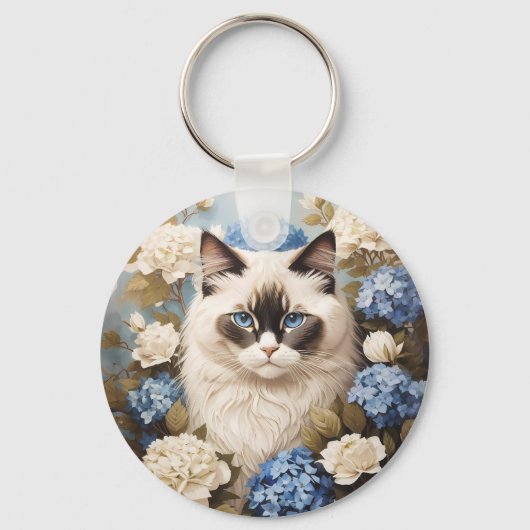 Ragdoll Katze mit Blue Hydrangea-Blume Schlüsselanhänger (Vorderseite)