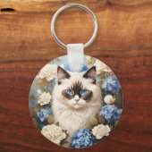 Ragdoll Katze mit Blue Hydrangea-Blume Schlüsselanhänger (Rückseite)