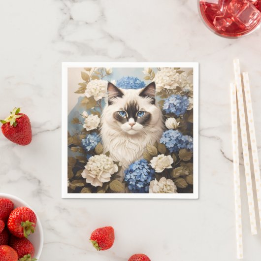 Ragdoll Katze mit Blue Hydrangea-Blume Serviette (Beispiel)