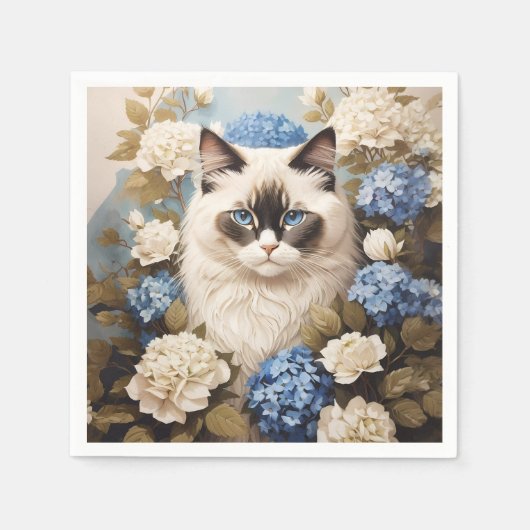 Ragdoll Katze mit Blue Hydrangea-Blume Serviette (Vorderseite)