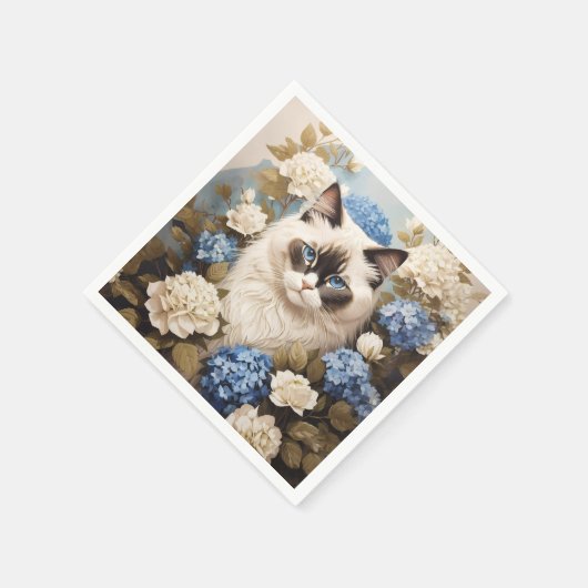 Ragdoll Katze mit Blue Hydrangea-Blume Serviette (Ecke)