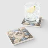 Ragdoll Katze mit Blue Hydrangea-Blume Steinuntersetzer (Seitenansicht)