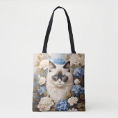 Ragdoll Katze mit Blue Hydrangea-Blume Tasche (Vorderseite)